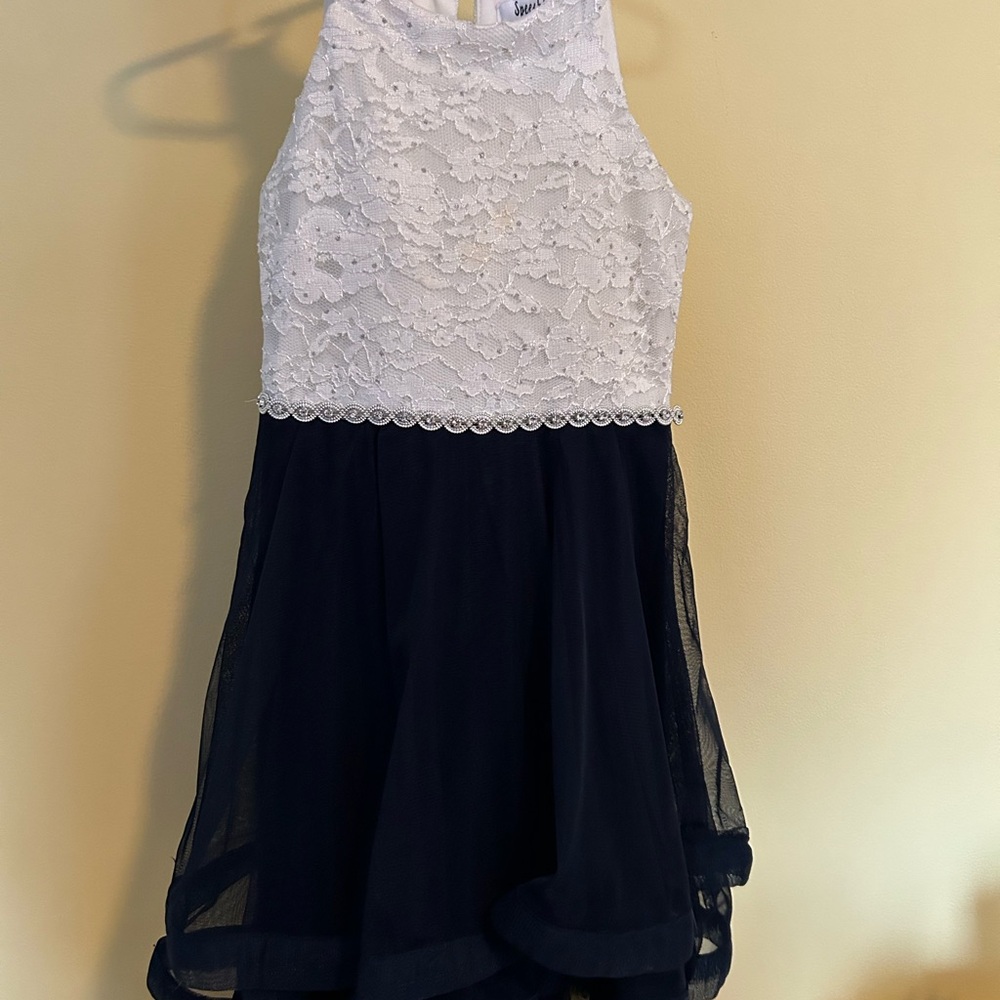 White Lace and Navy Chiffon Kids Dress